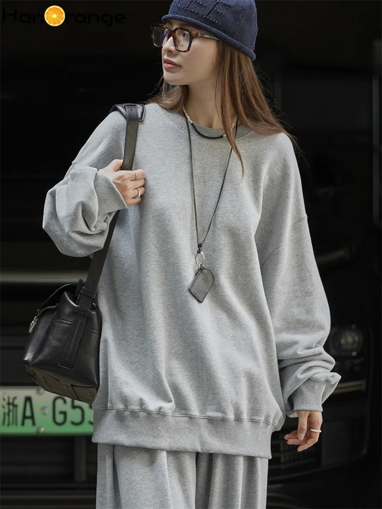 

HanOrange 2025 Early Autumn Relaxed Air Feeling Silhouette Sweatshirt Women 3D Drape Casual 100% Cotton Top Black/Gray/Blue