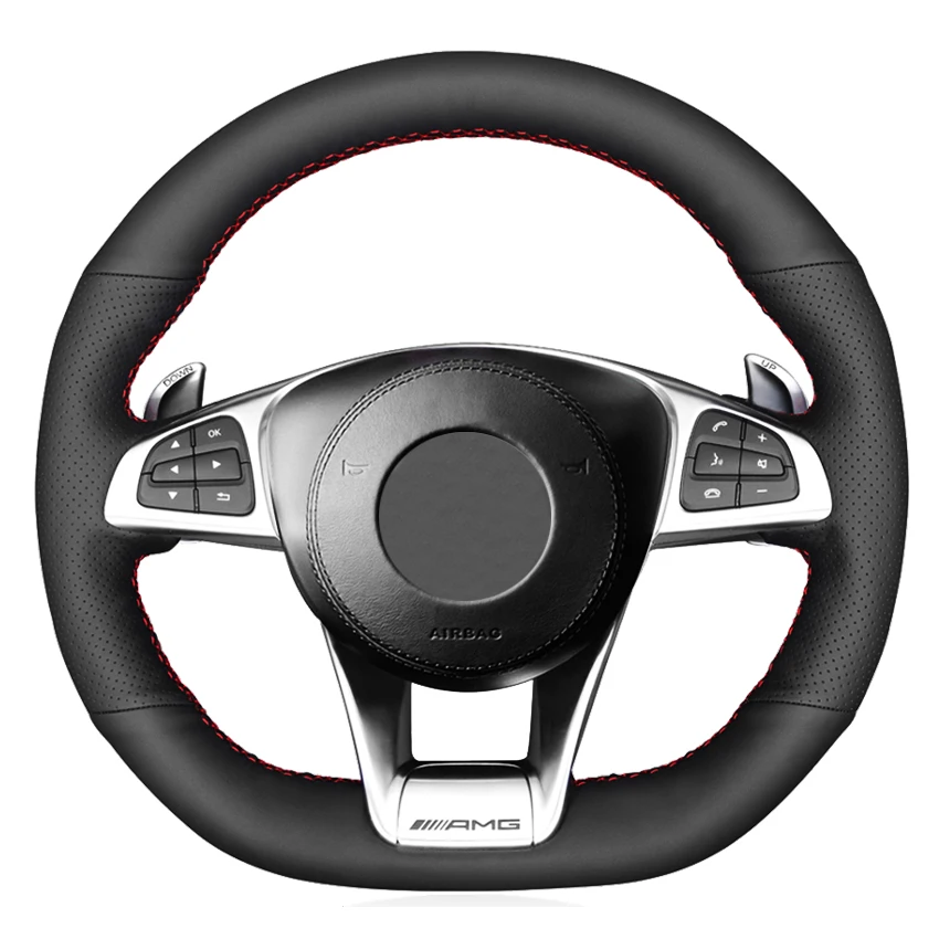 Black Genuine Leather Car Steering Wheel Cover For  Mercedes-Benz A45 AMG W205 C43 C63S AMG CLA45 CLS63 AMG GLC 43 63 AMG