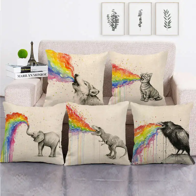 Rainbow Animal Throw Pillow Case Cute Cat Dinosaur Cotton Linen Pillow Covers Decorative Boy Girl Kid Room Aesthetics Sofa Bed