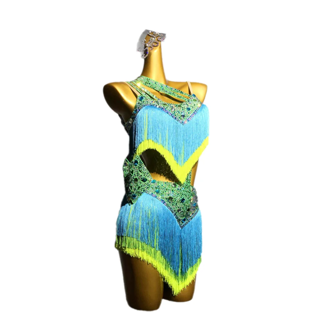 Latin Dance AB Steen Vrouwelijke Volwassen Kinderen High-end Aangepaste Kleur Clash Kwastje Bloemenjurk Zwart Zwembad Samba Prestaties Jurk