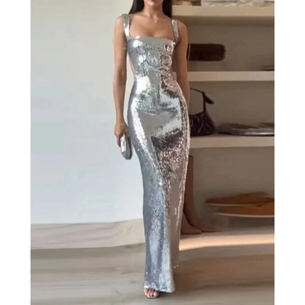 

Autumn Women All Over Sequined Square Neck Sexy Backless Maxi Dress Fashion Femme Long Silver Party Dress Birthday Outfits