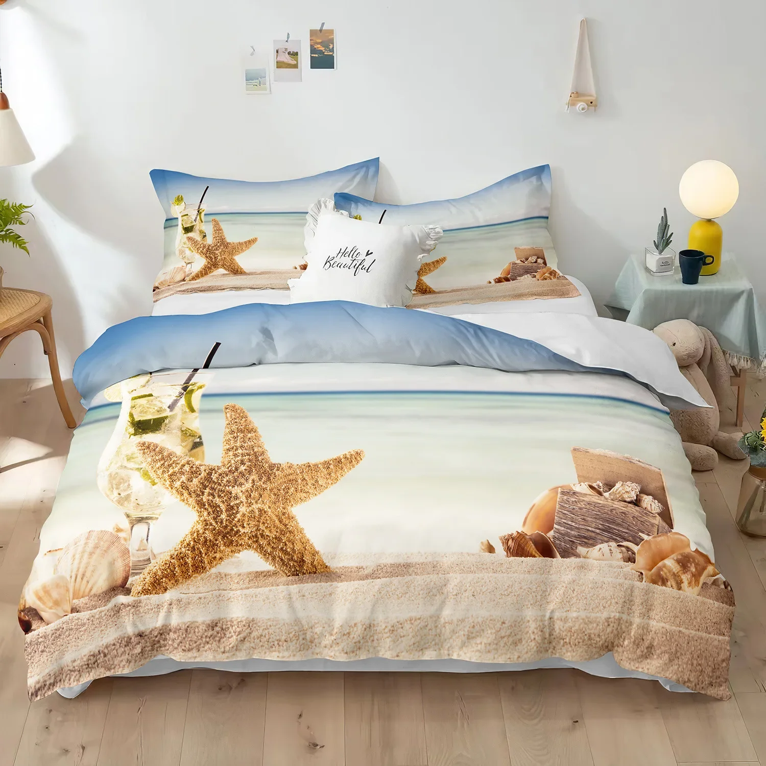 Beach Duvet Cover Set Polyester Bedding Set with Ocean Starfish Drifting Bottle Print Pattern Comforter Cover for Kid Adult Boys