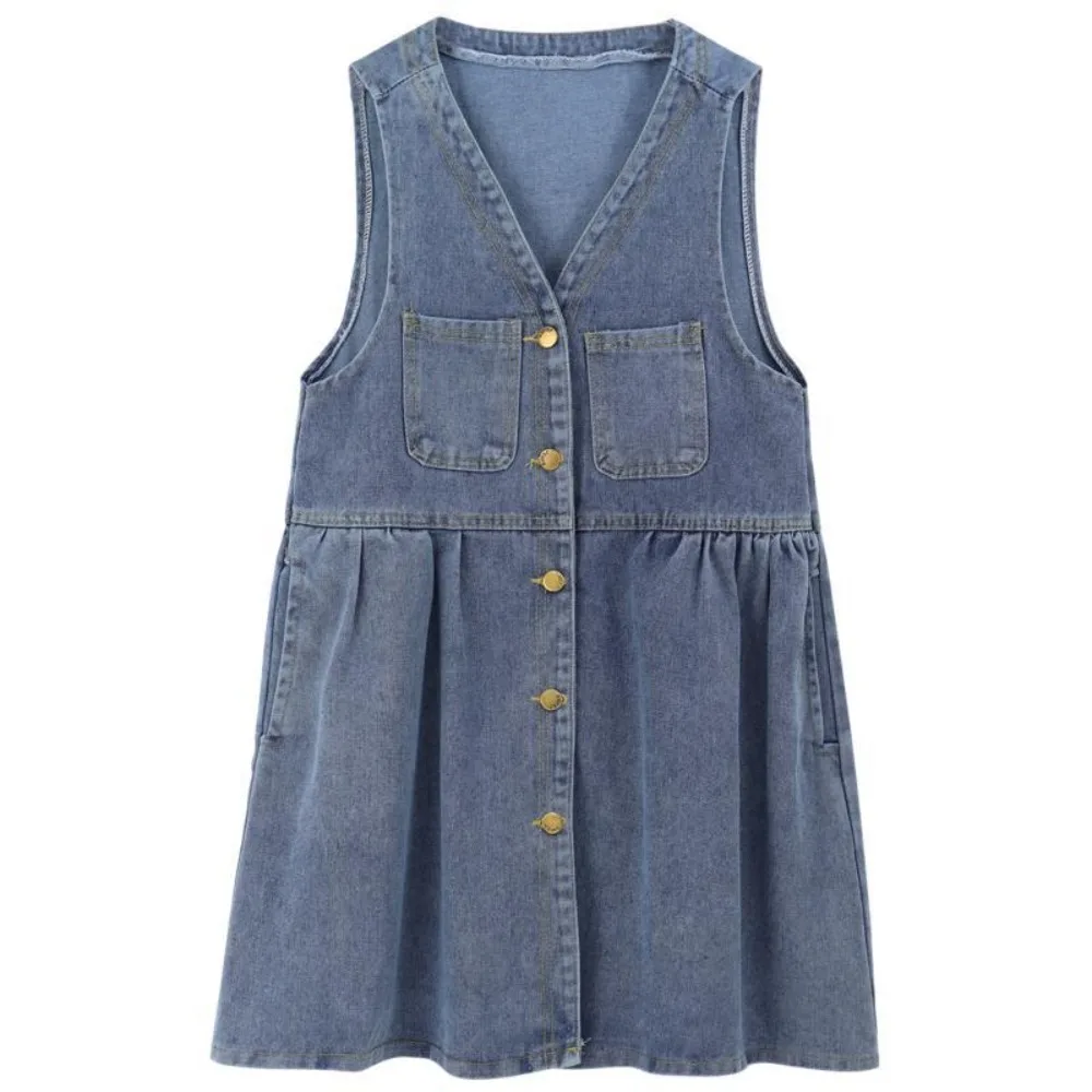 

Elegant High Waisted Cowboy Strap Dress V-neck Pleated Denim Camisole Dress Single Breasted Retro Sleeveless Short Dress Girls