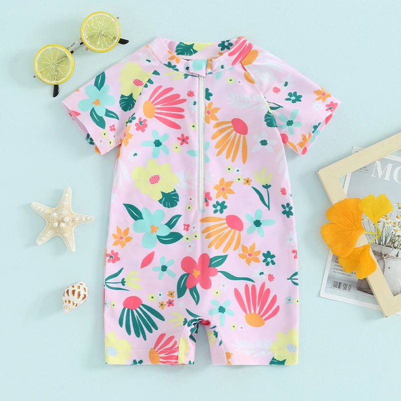 Toddler Girls Rash Guard Swimsuit Rompers Zipper Short Sleeve Floral Print Kids Bathing Suit Baby Swimwear