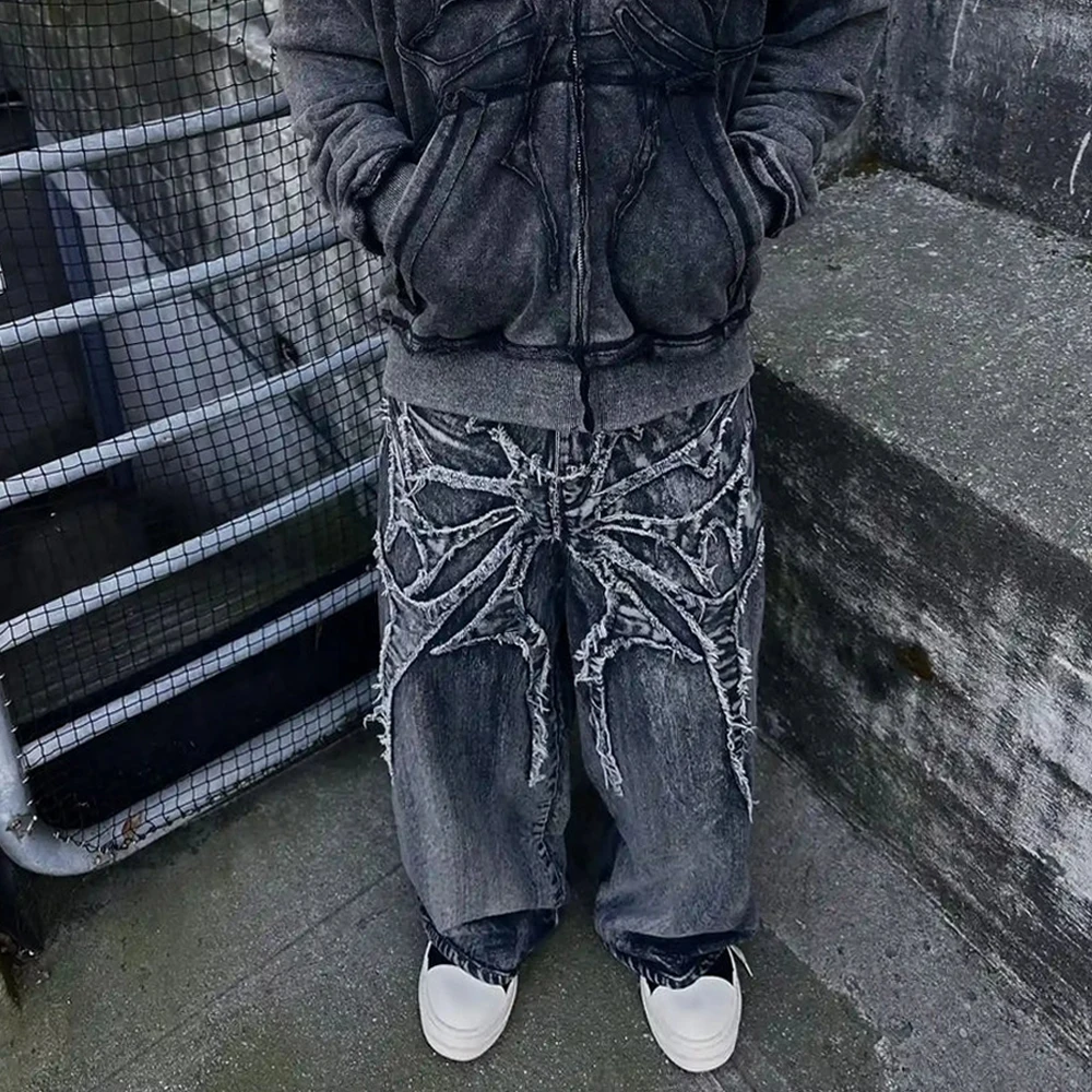 Y2K Retro Oversized Baggy Unisex Mopping Pants Phantom Jeans Men High Street Spider Embroidered Patch Hip Hop Streetwear Gothic