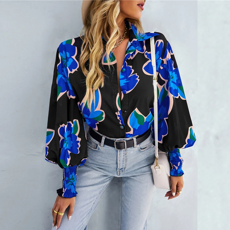 Fashion Women Printed Chiffon Shirt New Spring Autumn Elegant Lantern Long Sleeve Loose Office Casual Blouse Ladies Lapel Tops