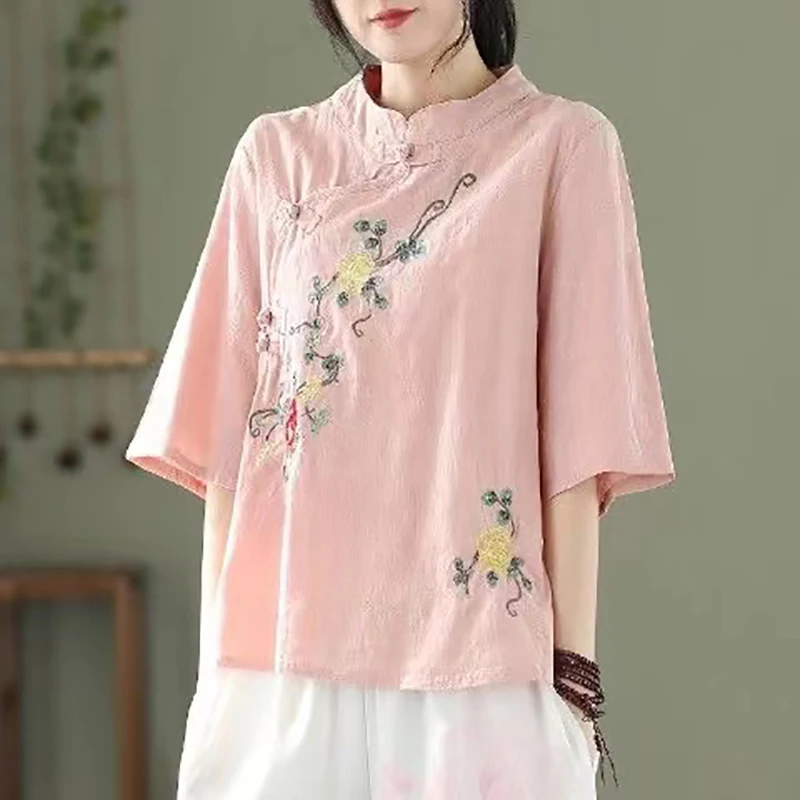 

2023 New Spring Summer Embroidery Traditional Chinese Women's Clothing Tang Hanfu Shirt Blouse Loose Leisure Top Vintage T-shirt