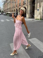 Women Pink Chiffon Lace Trim Pants Suit Sleeveless Strap Crop Top Boho Holiday Matching Sets 2026 Seaside Vacation Casual Outfit