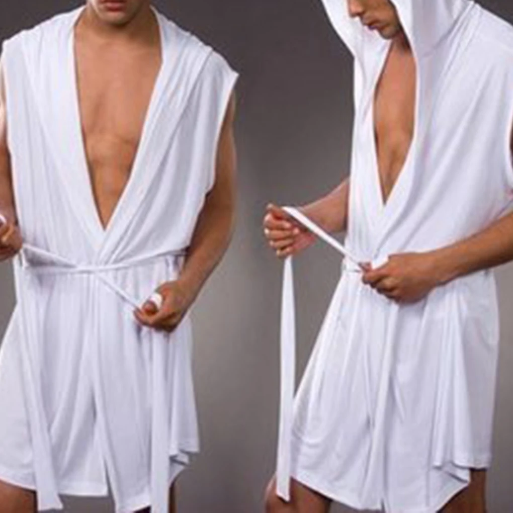 Albornoz sedoso con capucha sin mangas para hombre, ropa de dormir, pijama de verano