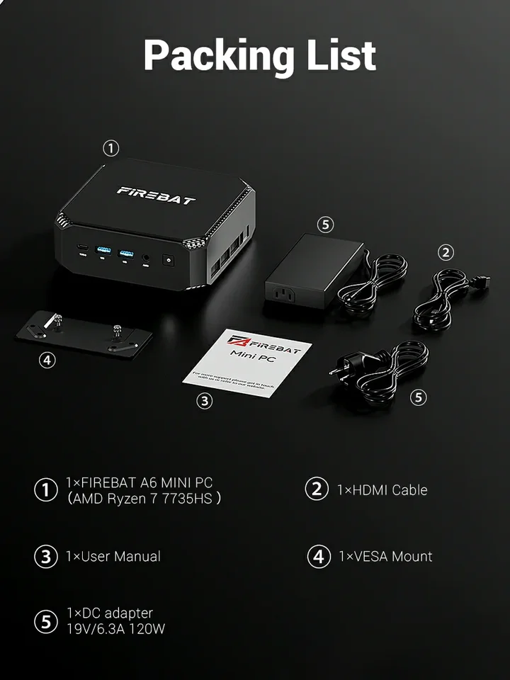 FIREBAT MINI PC A6 AMD Ryzen 7 7735HS 16GB DDR5 RAM 512GB SSD