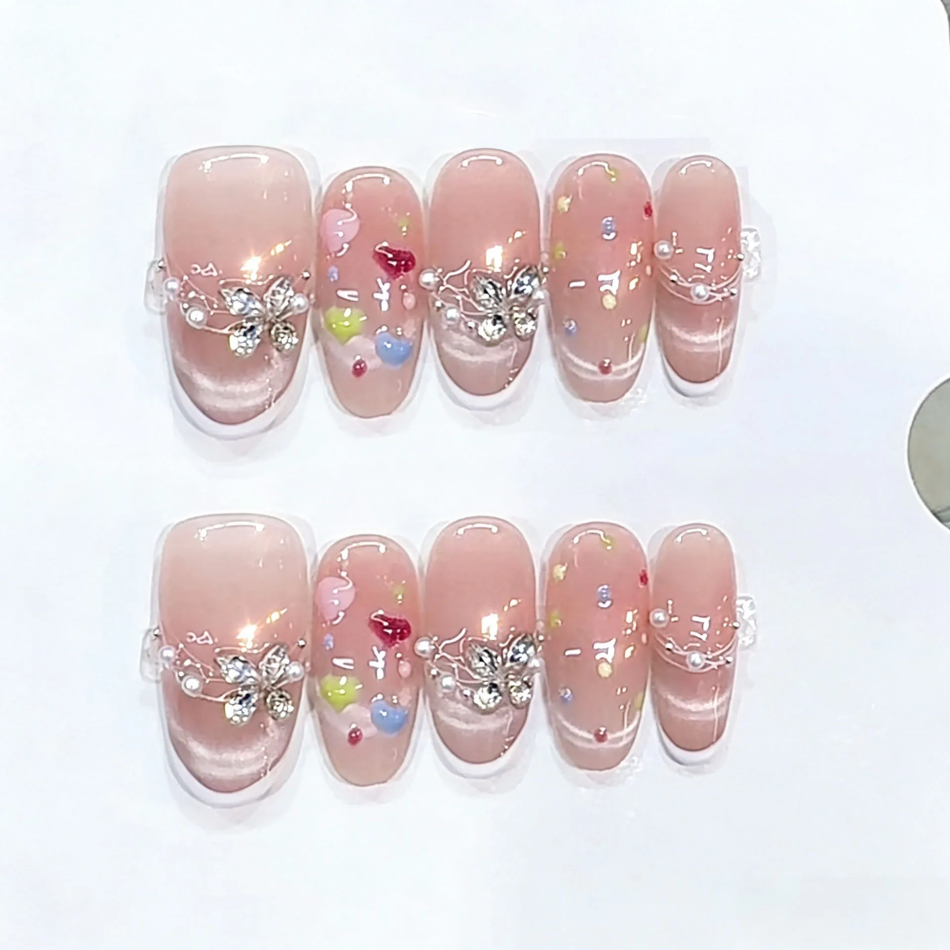 

10pcs Wearable Press on Nails Tips Sweet French Cat's Eye Oval Fake Nail Art Diamond Butterfly Design False Nail Artifical Nails