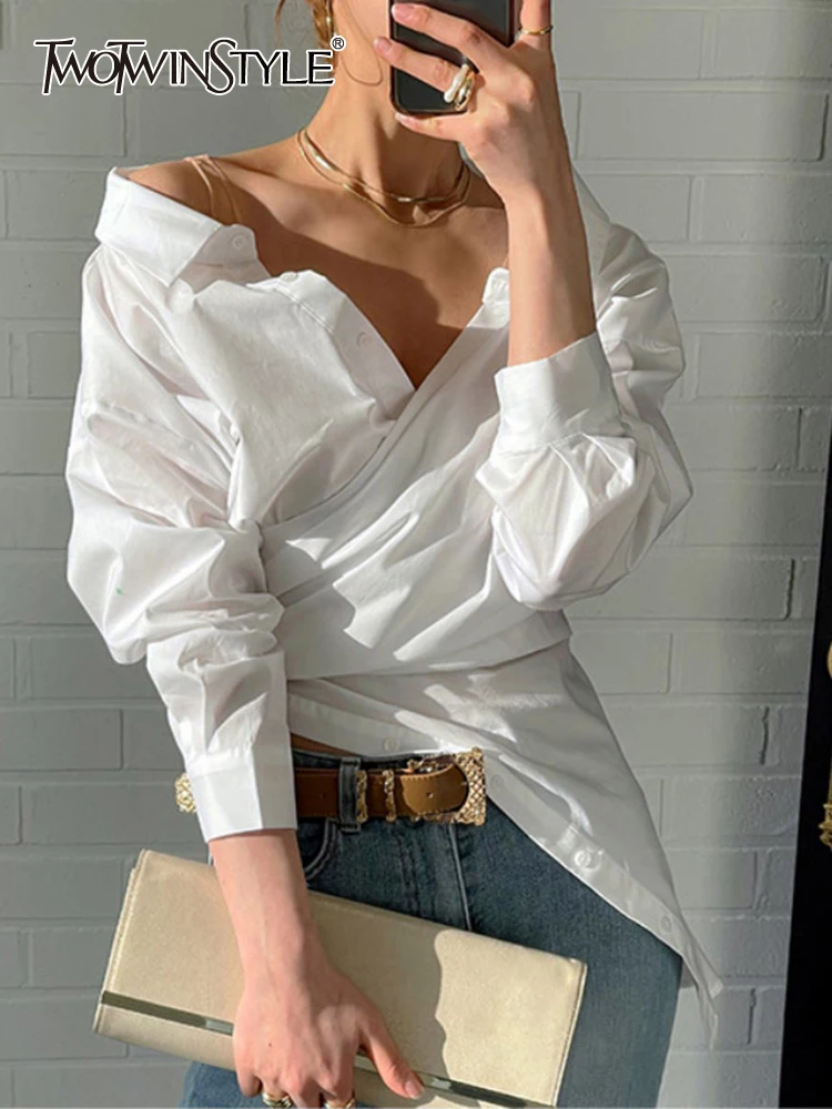 TWOTWINSTYLE Straight Striped Shirt For Women V Neck Long Sleeve Irregular Hem Blouses Female Clothing Spring New 2024 Fashion