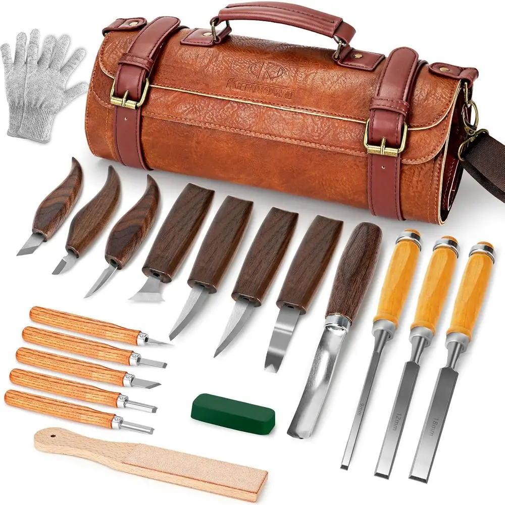 

20-Piece Wood Carving Set with Leather Bag: 3 Chisels, 8 Whittling Knives, 5 Detail Knives for Beginners and Enthusiasts