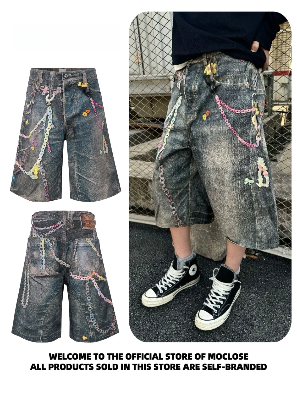 

Moclose American Street Sle Весна Лето Candy Chain Print ex Повседневная прямая нога Seven Inch orts Youth Faion