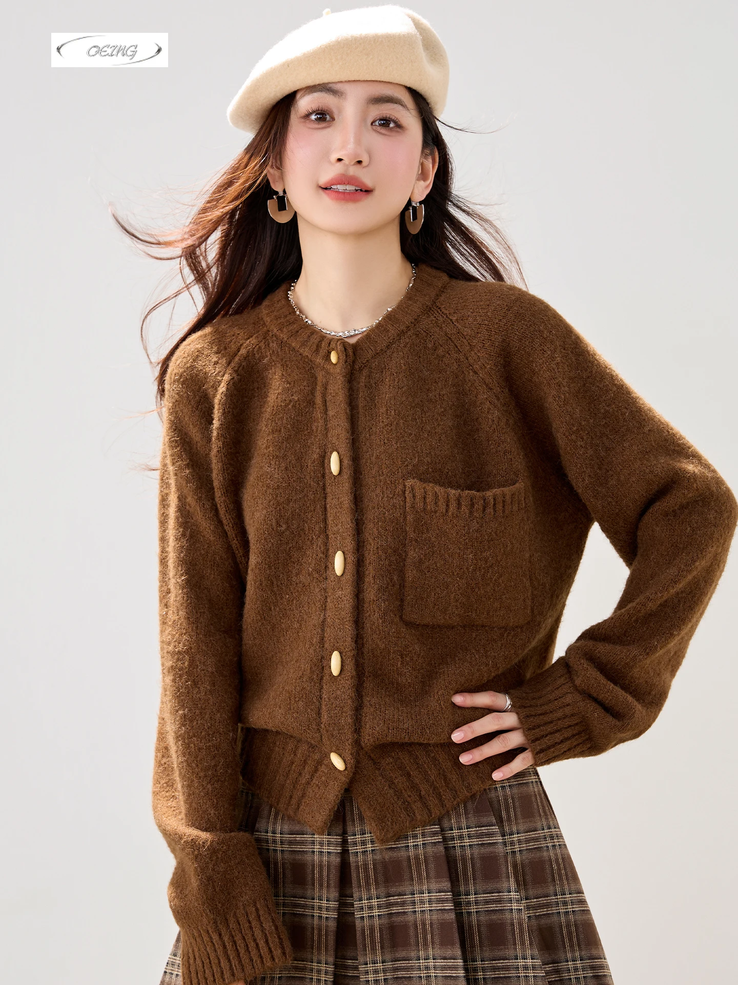 

Fashion Single Breasted Long Sleeve Warm Brown Cardigan Knitted Sweater for Women Elegant Loose Korean Style Coat Knitwear 6093