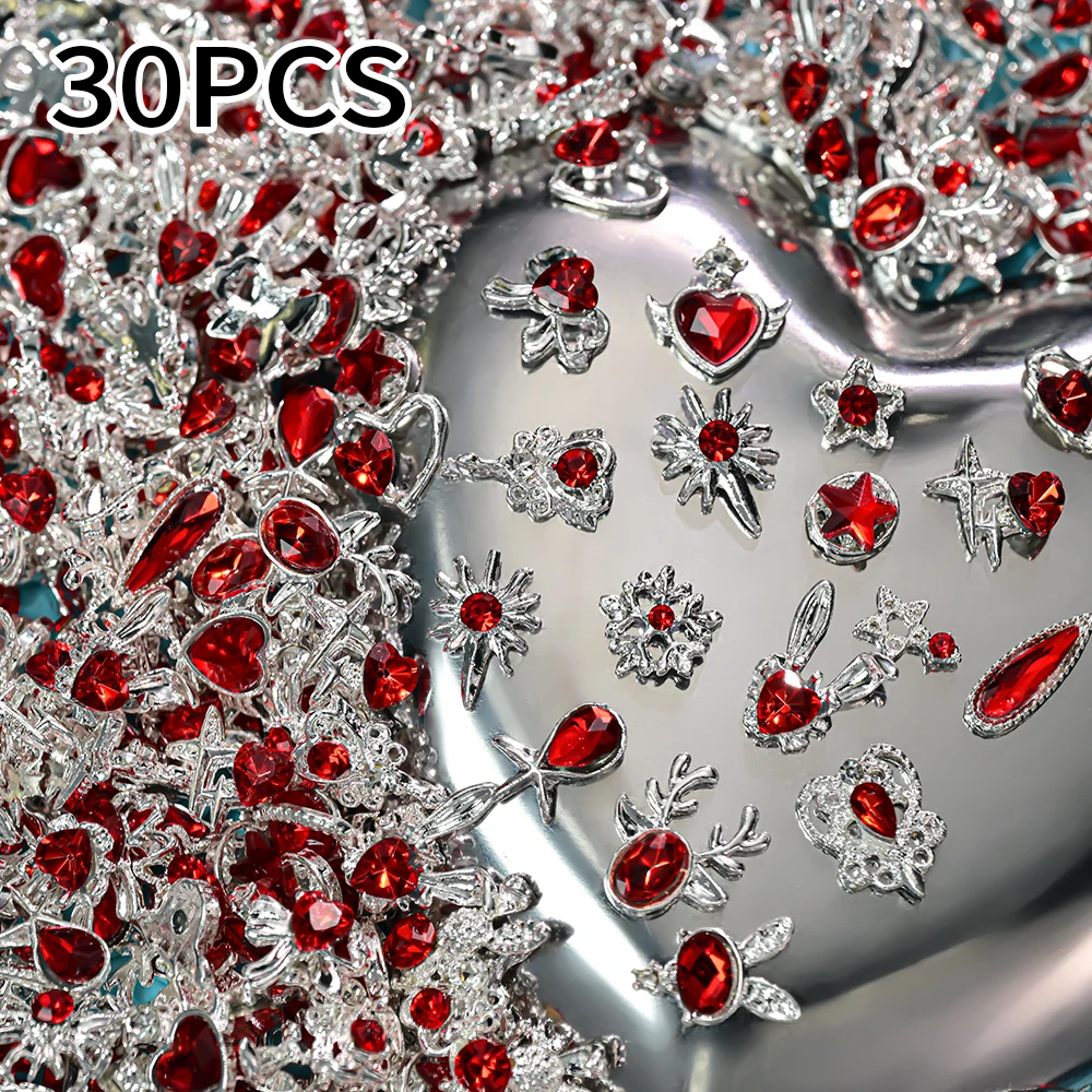 30 peças de Charms de Unhas de Luxo 3D com Strass Vermelho em Formato de Coração/Cervo/Coelho/Bastão, Design de Diamante em Liga para Decoração de Manicure DIY