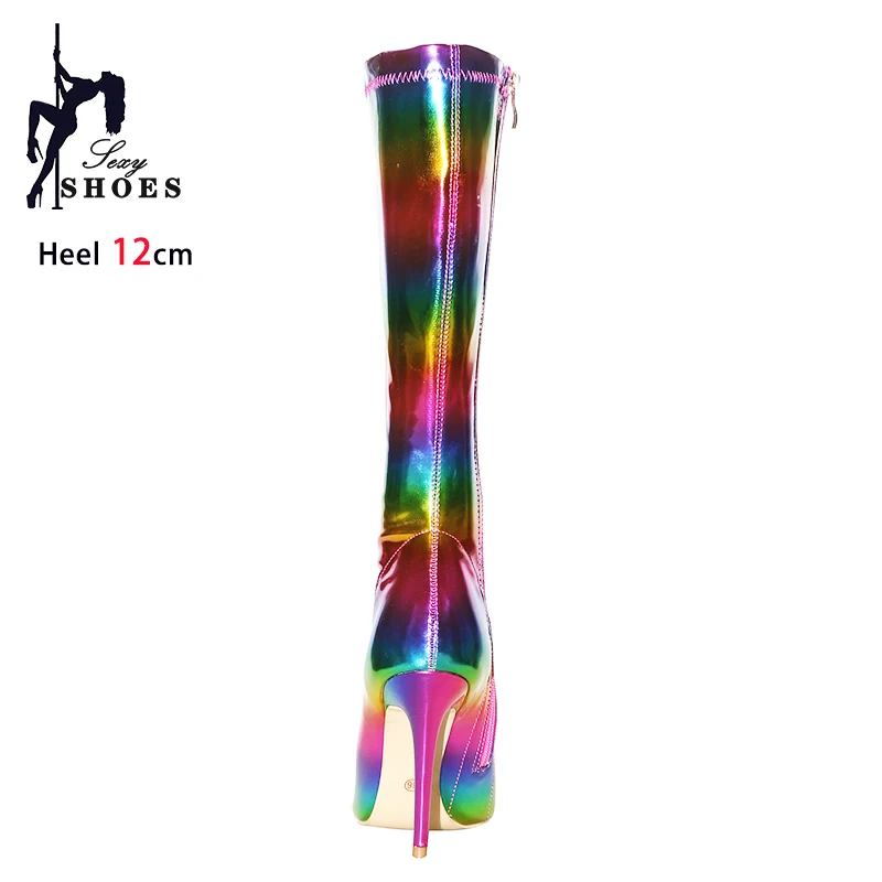 Elegant Woman Heeled Shoes 12CM Knee-High Boots Ladies High Heels Rainbow Patent Leather Pointed Toe Thin Heel Long Boots