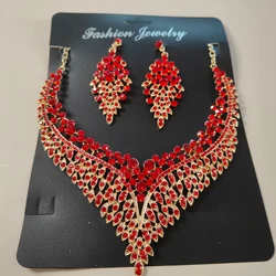 Luxury Jewelry Set Wholesale Elegant Bridal Wedding Prom Red Crystal Statement Earrings Rhinestone Choker Necklace for Women