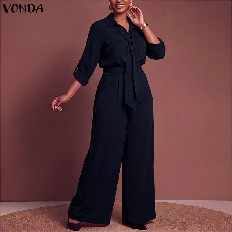 Two-piece Outfits VONDA Plus Size Women Long Sleeve Lapel Neck Tops High Waisted Pants Sets Casual Loose Solid Color Suits