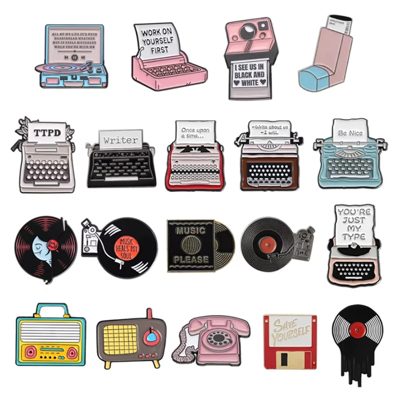 

Retro Fax Machine Record Camera Enamel Pin Classic Typewirter Vintage Televisions Brooches Lapel Badge Jewelry Gifts For Friends