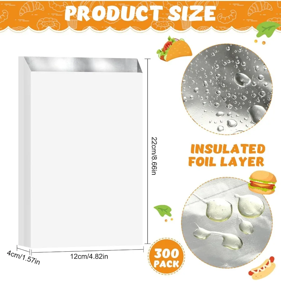 300 paquets d'enveloppement de sandwich en aluminium 4.7x1.6x8.7 sac isolé pour hot-dog avec feuille de papier résistante à la graisse pour le petit déjeuner des hamburgers L