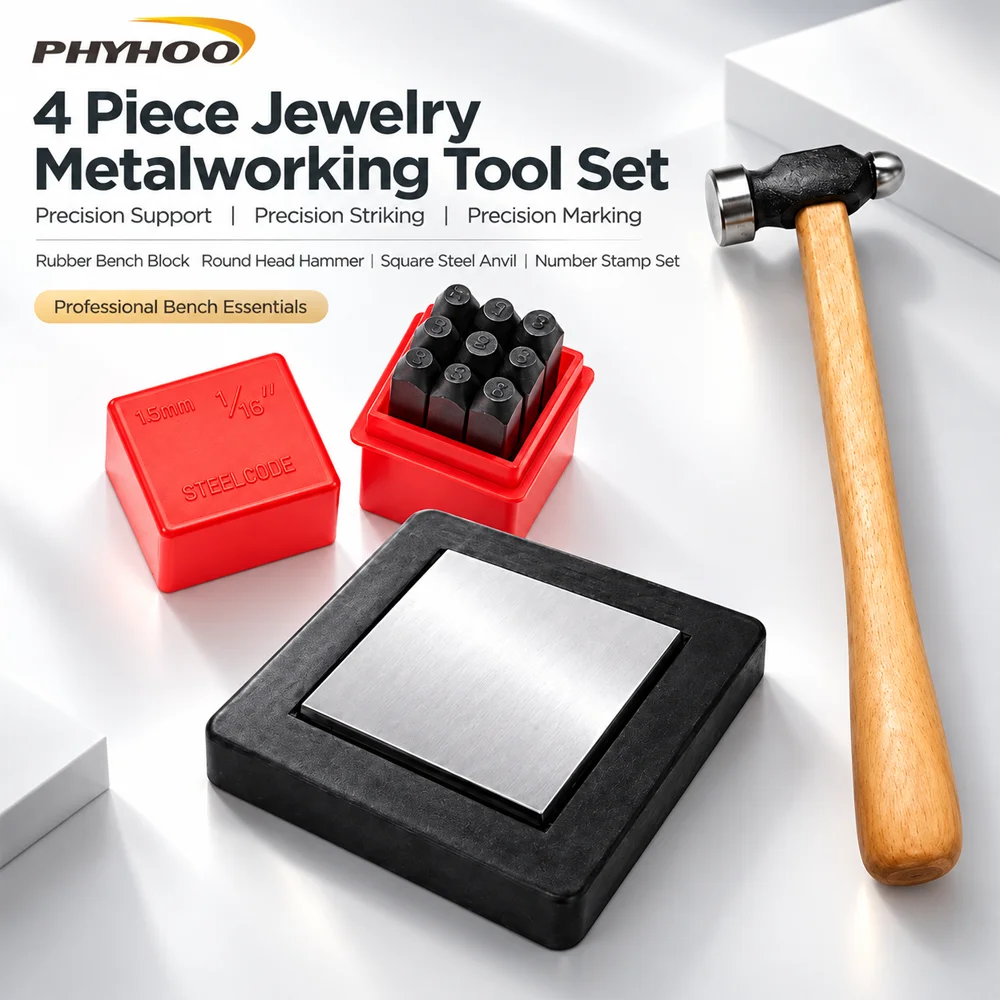 PHYHOO Jewelry Making Tool Set Rubber Bench Block Steel Anvil 25mm Round Head Hammer Number Stamp Set 0 9 Metalworking Tools Kit