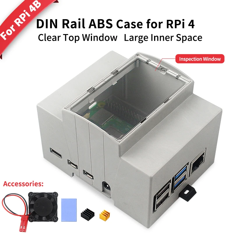 Raspberry Pi 4B Caja ABS Montaje en carril DIN Caja de protección de espacio interior grande con disipadores de calor de ventilador de refrigeración para Pi 4 Modelo B