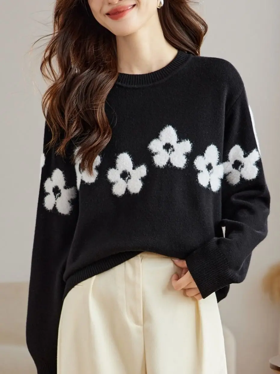 

Осенний новый универсальный тонкий вязаный свитер с французским жаккардовым дизайном и круглым вырезом