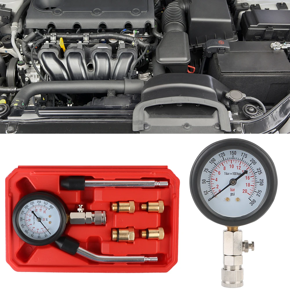 

0-300 PSI Automotive Cylinder Tester Kit Pressure Gauge with M10 M12 M14 M18 Adapter Gasoline Engine Compression Meter