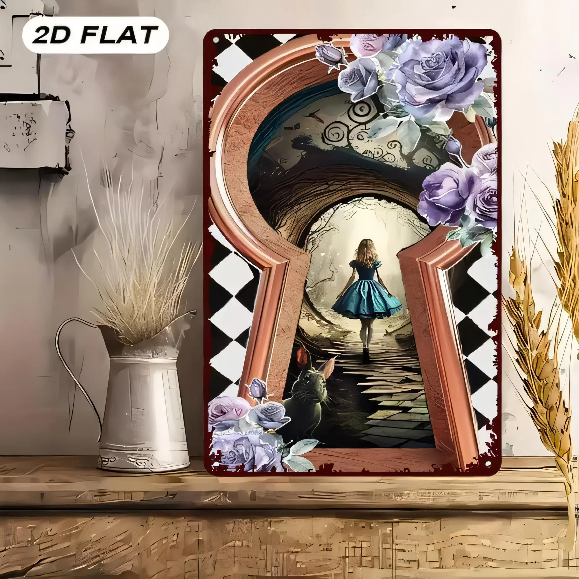 Tin Sign  Doorway Vintage Rose Flowers Fantasy Artwork Metal Wall Plaque Art Print for Living Room Bedroom Bar Cafe Decoration