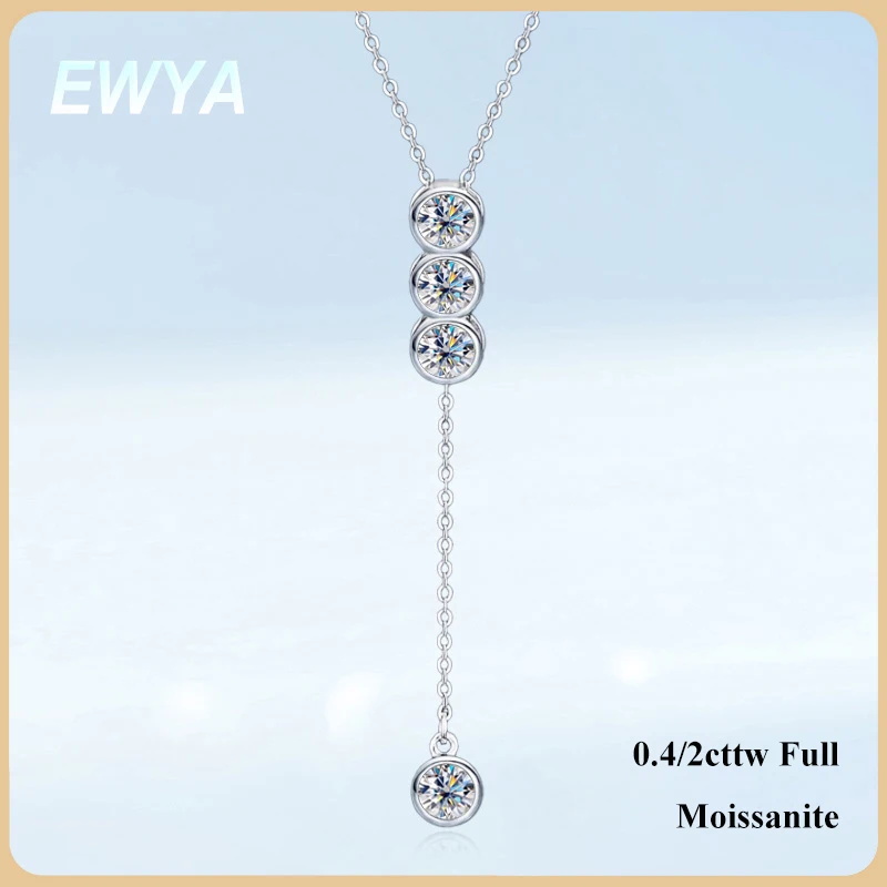 EWYA Round Bubble Full 3mm/5mm D Color Moissanite Pendant Necklace for Women 925 Silver GRA Certified 4-Stone Tassel Neck Chain