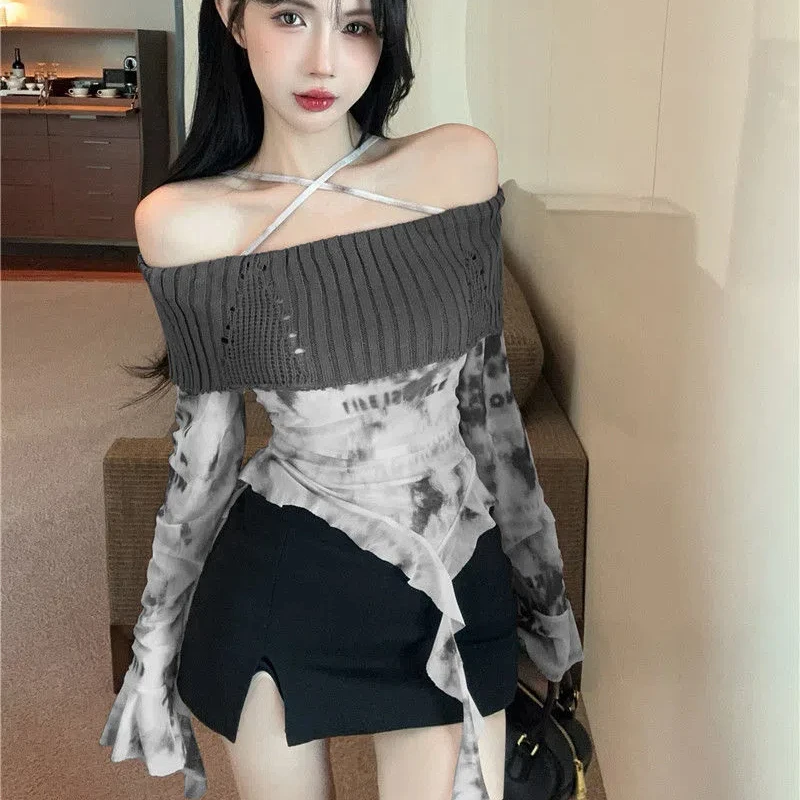 Hot Selling One Collar Long Sleeved Patchwork T-shirt for Women Wearing High-end Sexy Spicy Girl Slim Fit Short Top