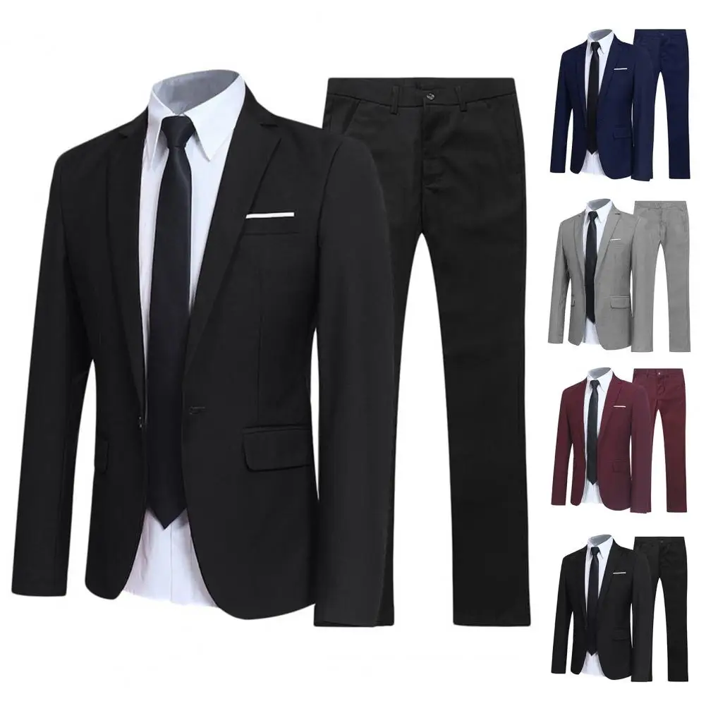 Stylish  Men Blazer Pants Spring Autumn One Button Lapel Suit Set Fine Touch Super Soft Suit Coat Trousers for Wedding