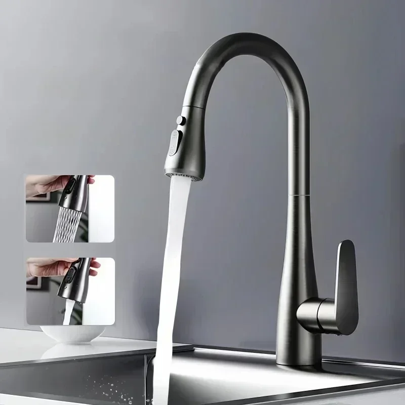 2-Mode Handle Pull Stainless Steel Kitchen Faucets 360° Rotating Splash Proof Sink Taps Cold and Hot Mixer