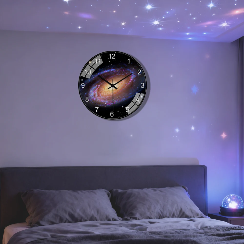 

Retro Fashion Quartz Wall Clock Universe Galaxy Design Glass Clock Face Silent Movement Bedroom Study Game Room Decoration