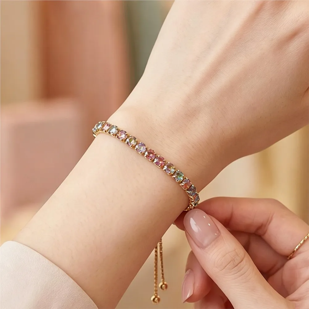 Women's Adjustable Tennis Bracelet Colorful Rainbow Gradient Color Hand Chain Shiny CZ Jewelry Birthday Gifts For Female Fashion
