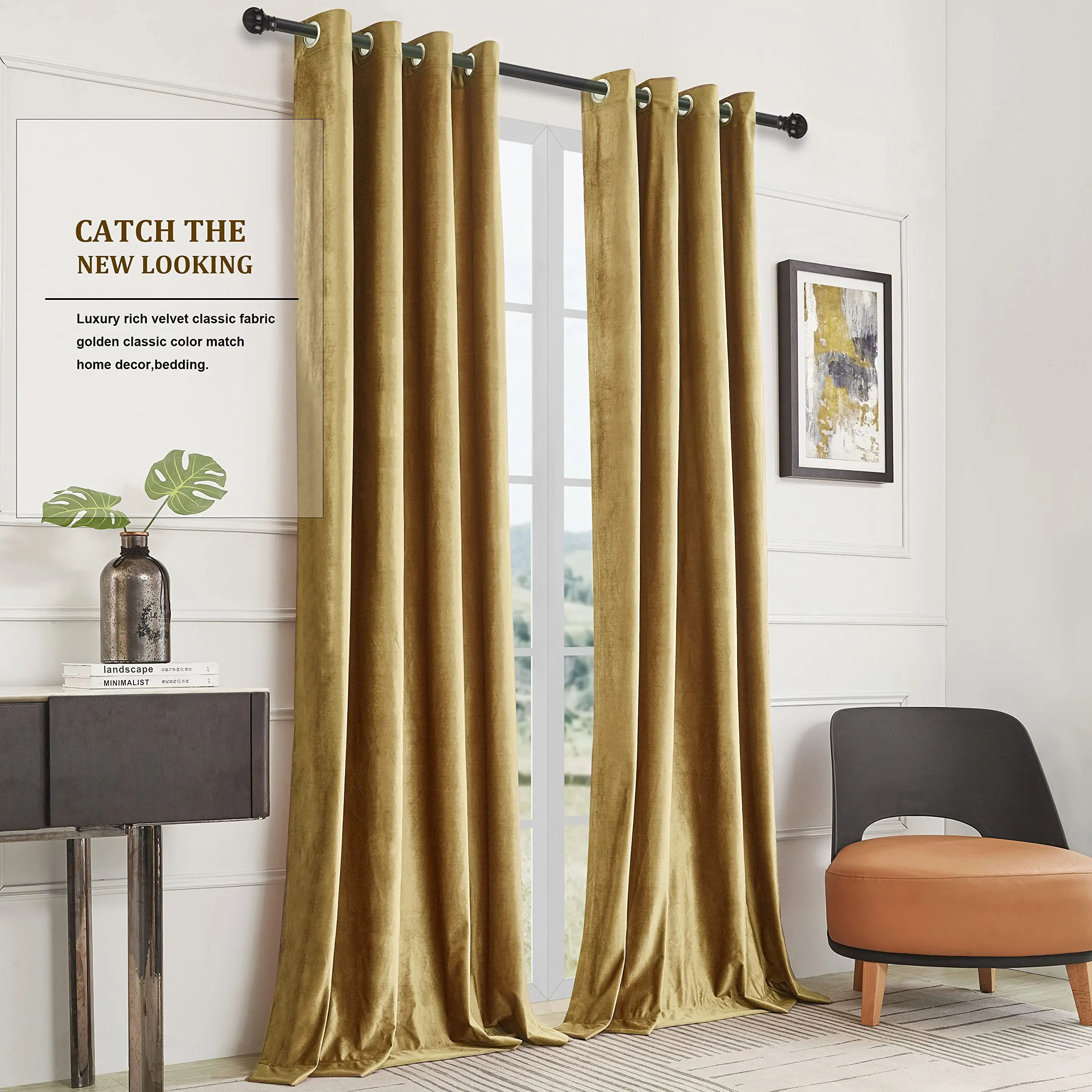 Gold Velvet Curtains for Living Room Blackout Curtains for Bedroom Grommet Privacy Thermal Insulated Window Darkening Decor