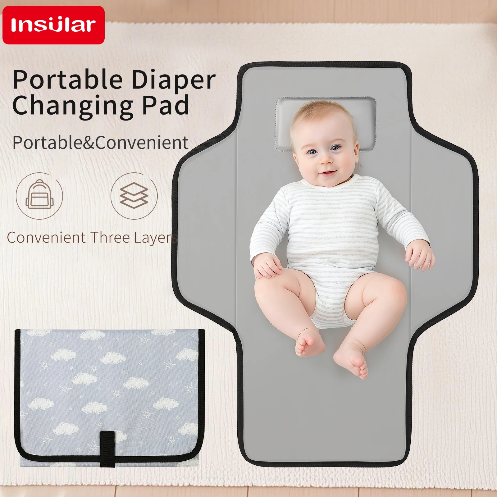 

INSULAR Baby Portable Diaper Mat 0-2Y Convenient Changing Diaper Pad Easy to Storage Foldable Safe Waterproof Cushion Outdoor