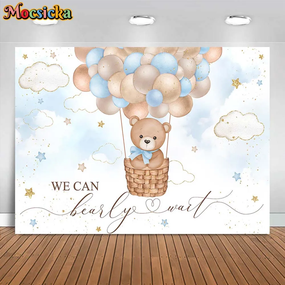 

Mocsicka Blue Bear Baby Shower Backdrop Hot Air Balloon Boys Welcome Party Decoration We Can Bearly Wait Photo Background Banner