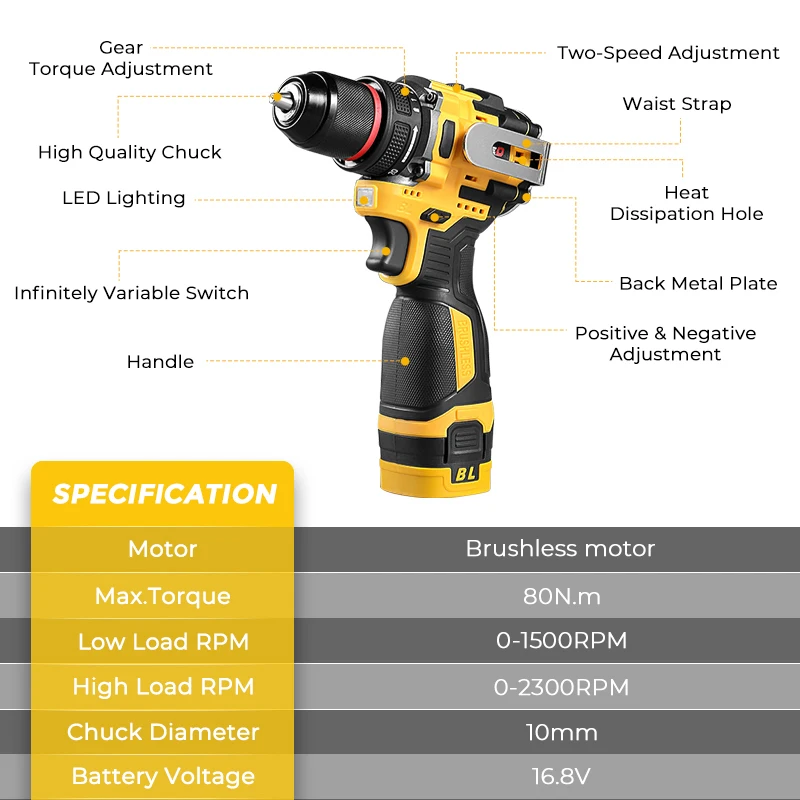 BABEQ 16.8V Brushless Electric Drill 80NM 2 IN 1 Cordless Drill 10MM Chuck Mini Electric Screwdriver Tools Lithium Ion Battery