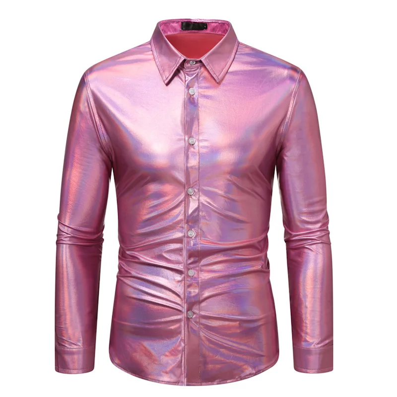 

Mens Shiny Pink Metallic Shiny Shirt Brand Men 70's Disco Dance Halloween Chemise Homme Long Sleeve Stage Bday Party Prom Shirt