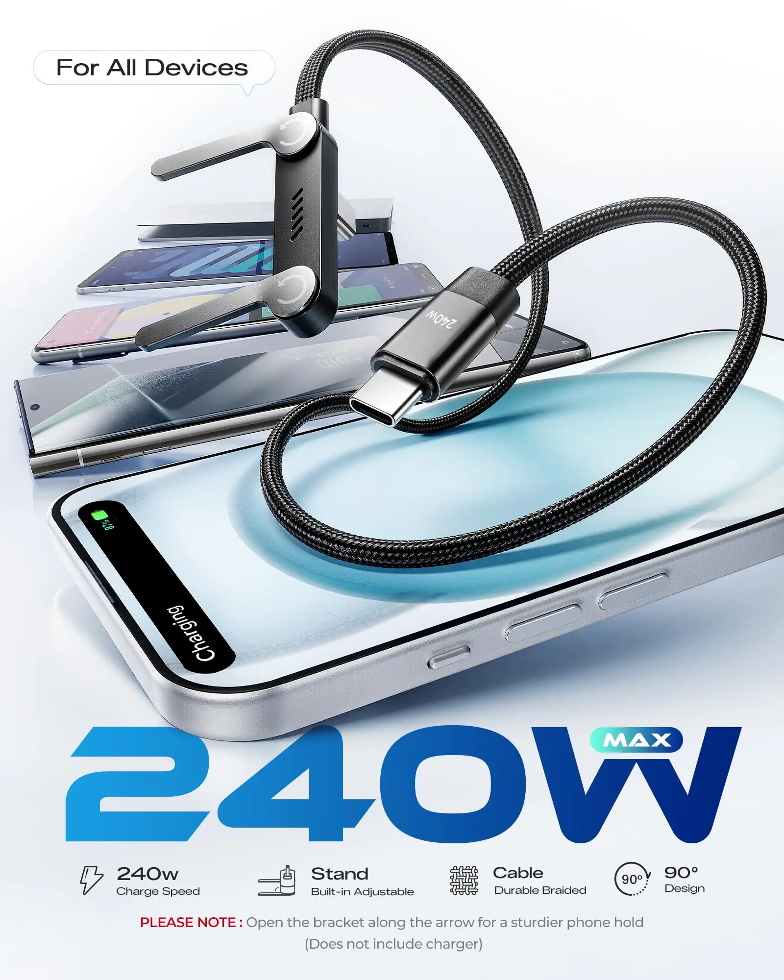 NNBILI 3/1 Stück 240W PD Schnellladekabel USB-C auf Typ-C mit klappbarem Ständer und Handyhalterung für iPhone 18/17/16 Pro, Xiaomi, HUAWEI – Detail 1