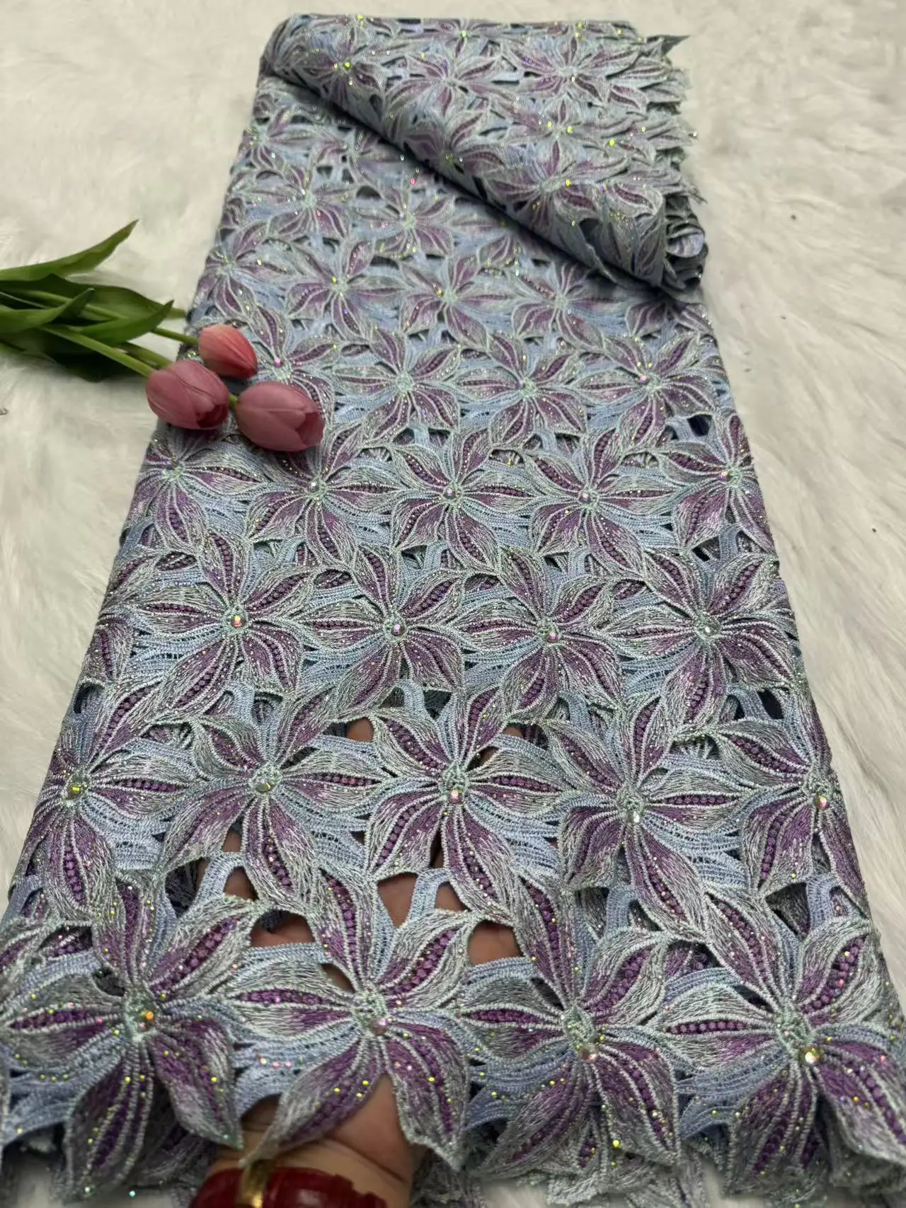 Guipure lace fabric 2026 Nigerian Stones Lace Fabric Heavy Hand Beaded Luxury French Embroidery for Wedding Latest Style