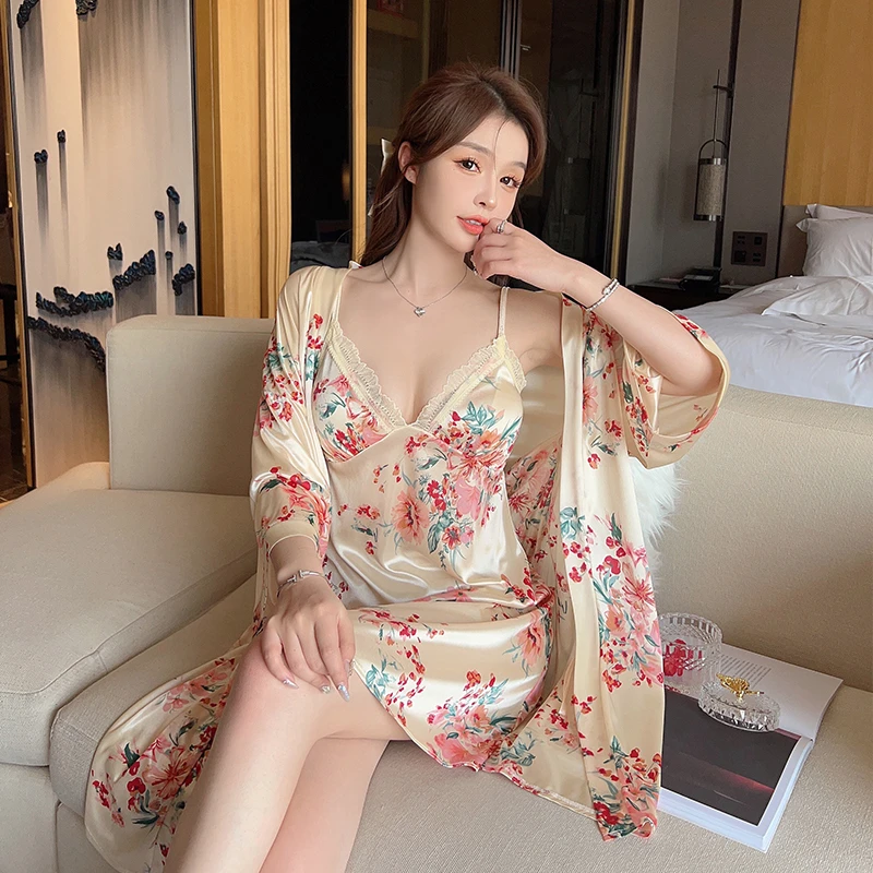 2PCS Silk Satin Sexy Lingerie Robe & Gown Sets for Women Summer Floral Nightdress Sleepwear bathrobes Night Dress Two Piece Set