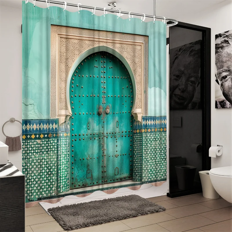 Moroccan Door Shower Curtain, Decorative Wall Art Polyester Bath Curtain with Hooks, Water-Resistant Woven Fabric, Artistic Them