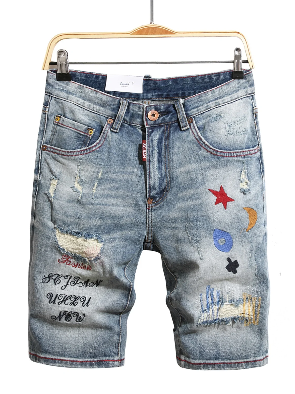 

Мужские джинсы-шорты в стиле ретро с вышивкой и эффектом потертости, прямые, модные, с пэчворком, повседневные, из хлопка