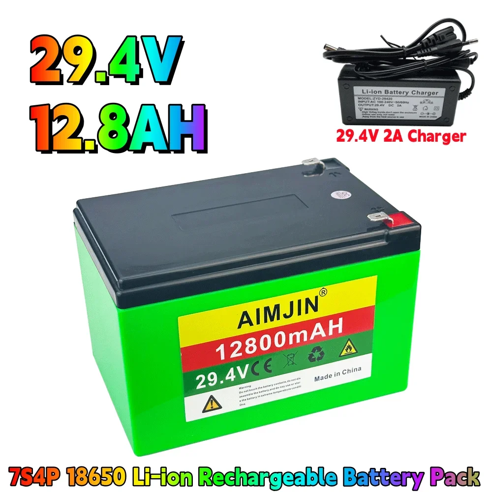 Batería de iones de litio 7S4P, 29,4 V, 12800mAh, alta potencia, 18650, BMS incorporado, adecuada para varios dispositivos + cargador