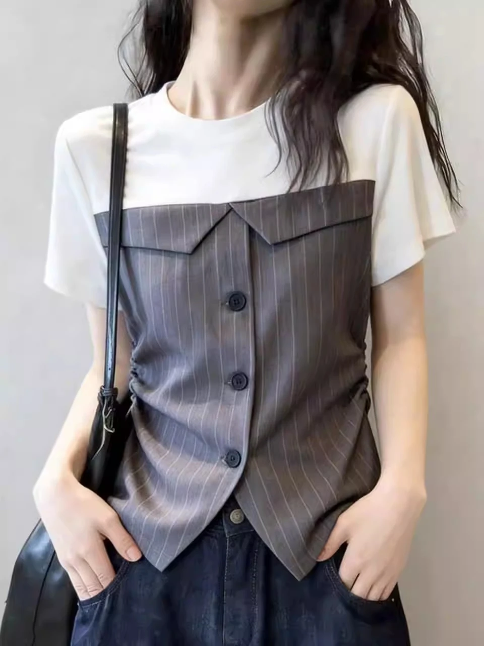 Elegant Lady Color Block Pinstripe Fake Two Piece T-Shirt Ruched Side Button Down Crew Neck Blouse Chic Office Wear Casual Top