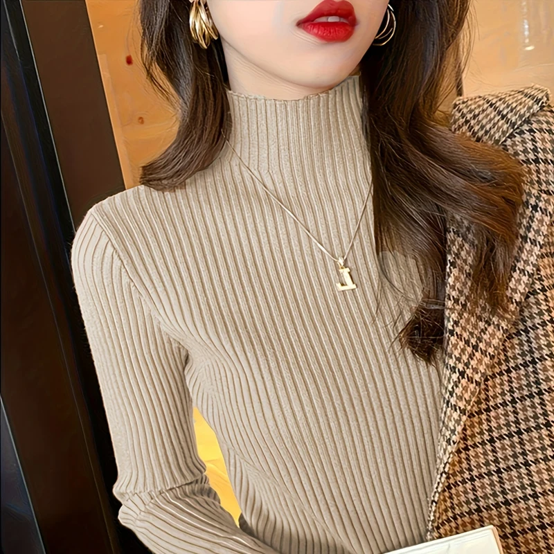 Knitted Sweater Women Pullovers New Long Sleeve Mock Neck White Knit Sweater Pullover Women Tops Sweaters Sueters De Mujer Q985