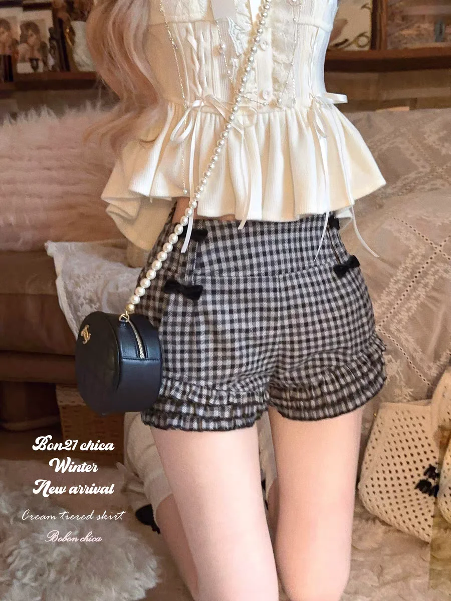 Princess sweet lolita shorts bobon21 Autumn winter lace bow checkered herringbone wool shorts B2425